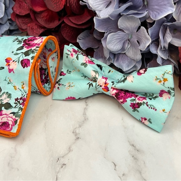 Light Blue Floral Butterfly Bow Tie and Pocket Square - Picture 7 of 16